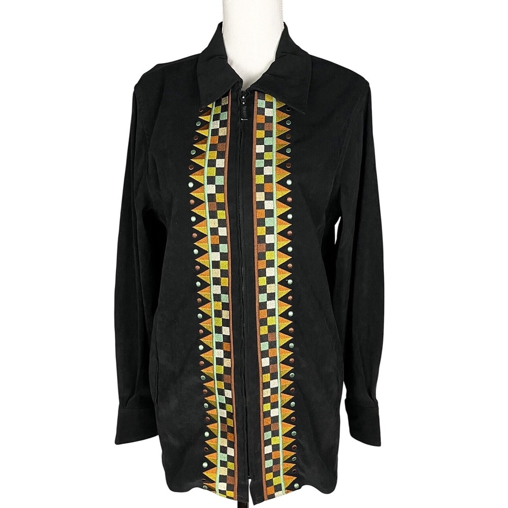 Bob Mackie Wearable Art‎ Women's  Geometric Embroidered Horse Zip Jacket Size M